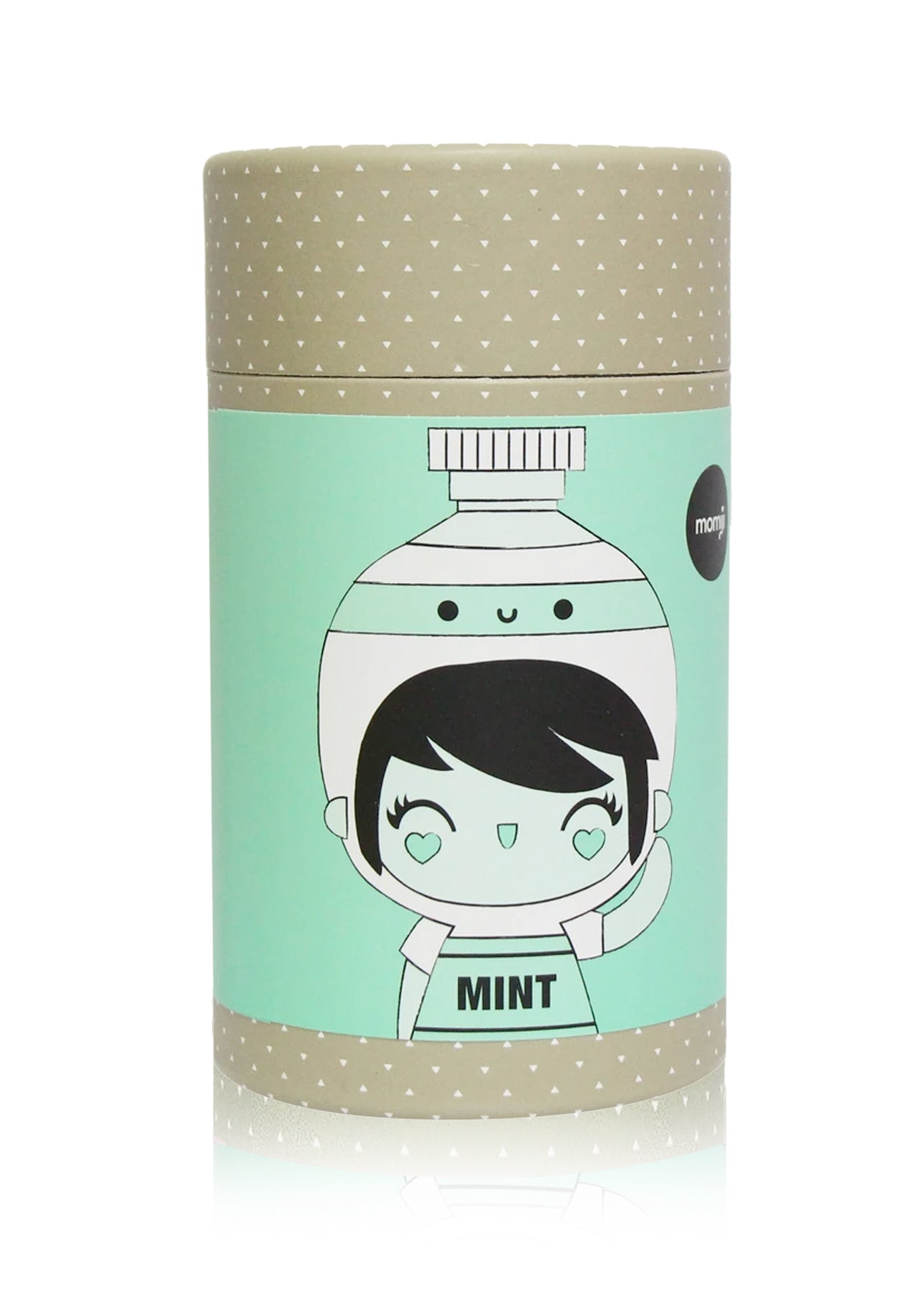 Create Mint Momiji doll: kawaii character in a mint helmet, "MINT" on mint green label, collectible vinyl cylinder. — Momiji Doll