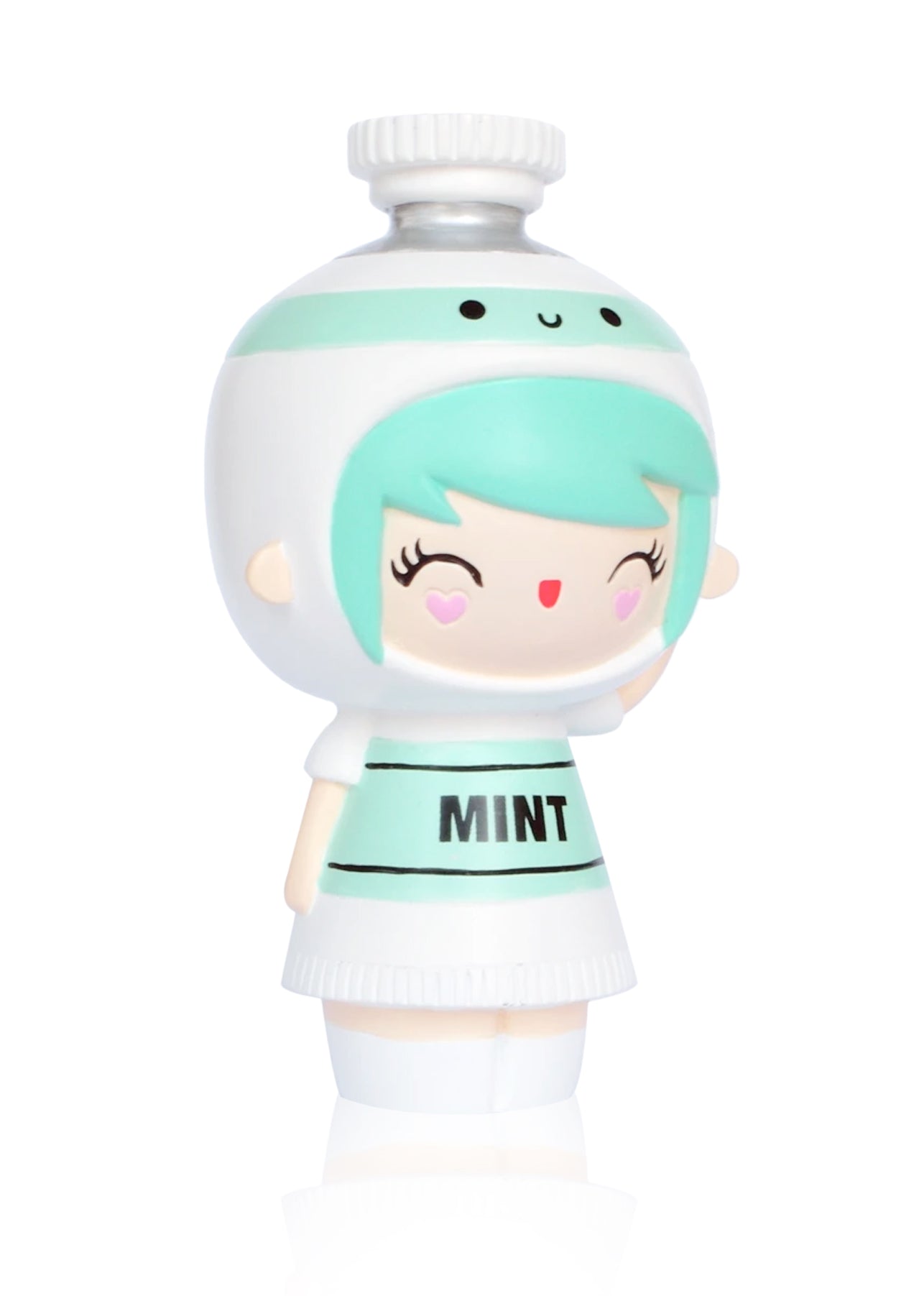 Mint Momiji doll with mint-green hair, smiley helmet, MINT dress; kawaii collectible hiding secret message inside. — Momiji Doll