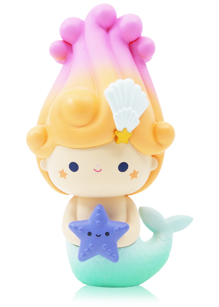 Mizu 3 Momiji doll: kawaii mermaid with pink-orange hair, shell accessory, holding a smiling starfish-shaped vinyl. — Momiji Doll