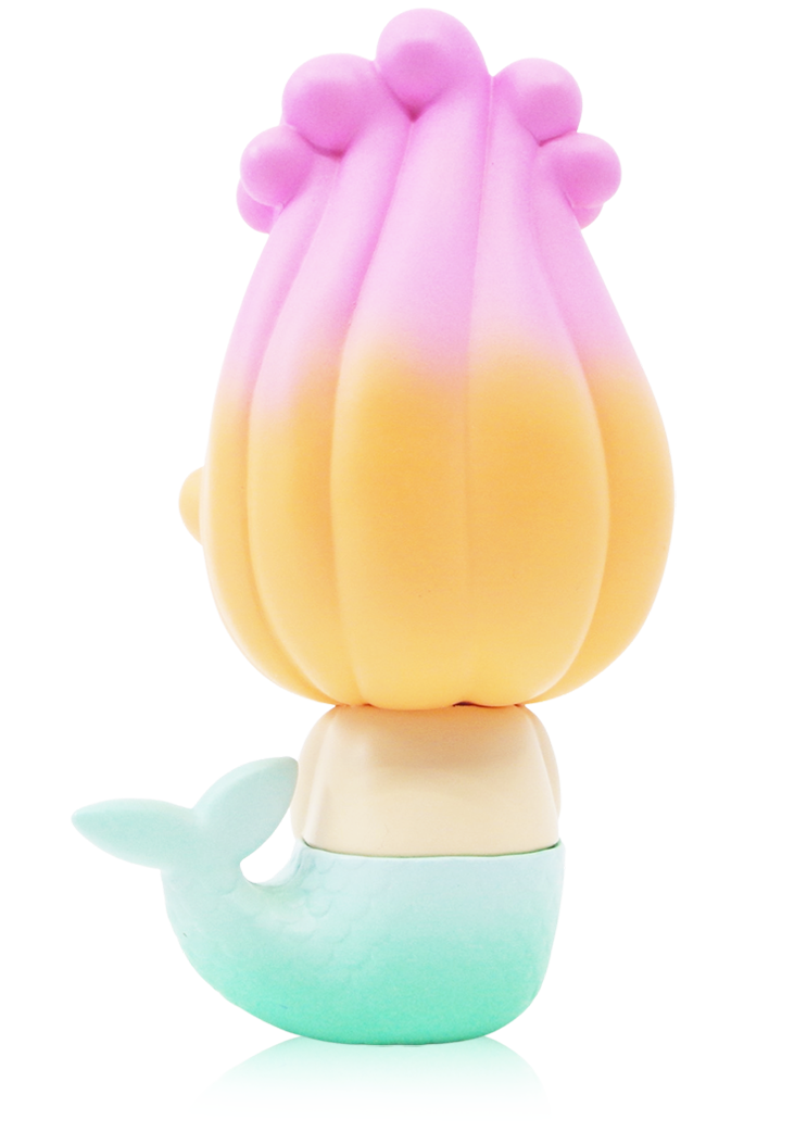 Mizu Momiji doll, 3", pastel green mermaid tail, pink-yellow flower head, shown from the back. Secret Base edition. — Momiji Doll