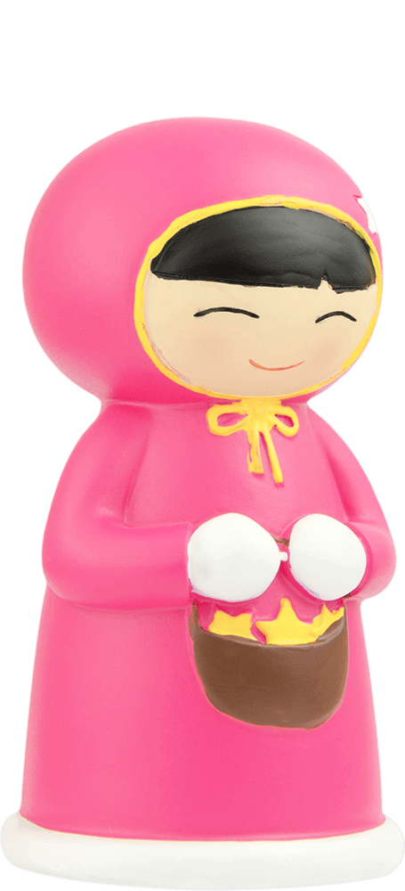 Twinkle Momiji doll wears a pink hood, smiles sweetly, and holds a basket of yellow stars. A cute collectible vinyl character. — Momiji Doll