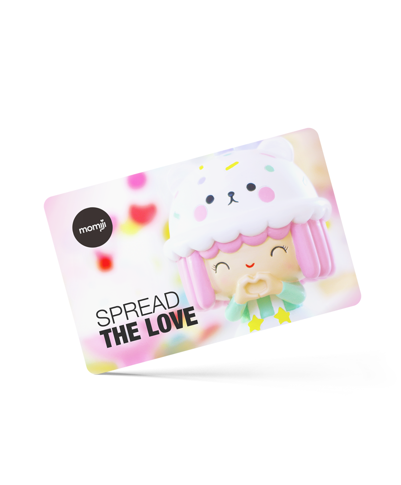 MomijiHQ US gift card with a kawaii pastel Momiji doll, hearts, and "SPREAD THE LOVE" on a vibrant colorful background. — Momiji Doll