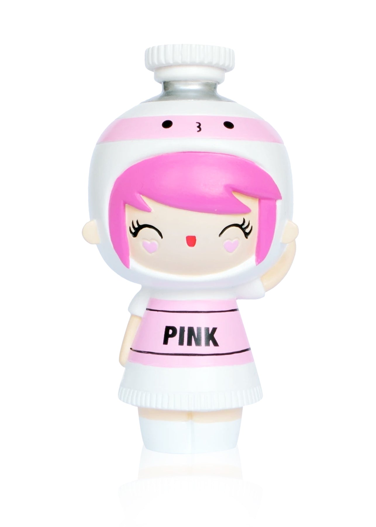Create Pink Momiji doll with pink hair, white "PINK" dress, bottle helmet, waving and smiling—a cheerful collectible gift. — Momiji Doll