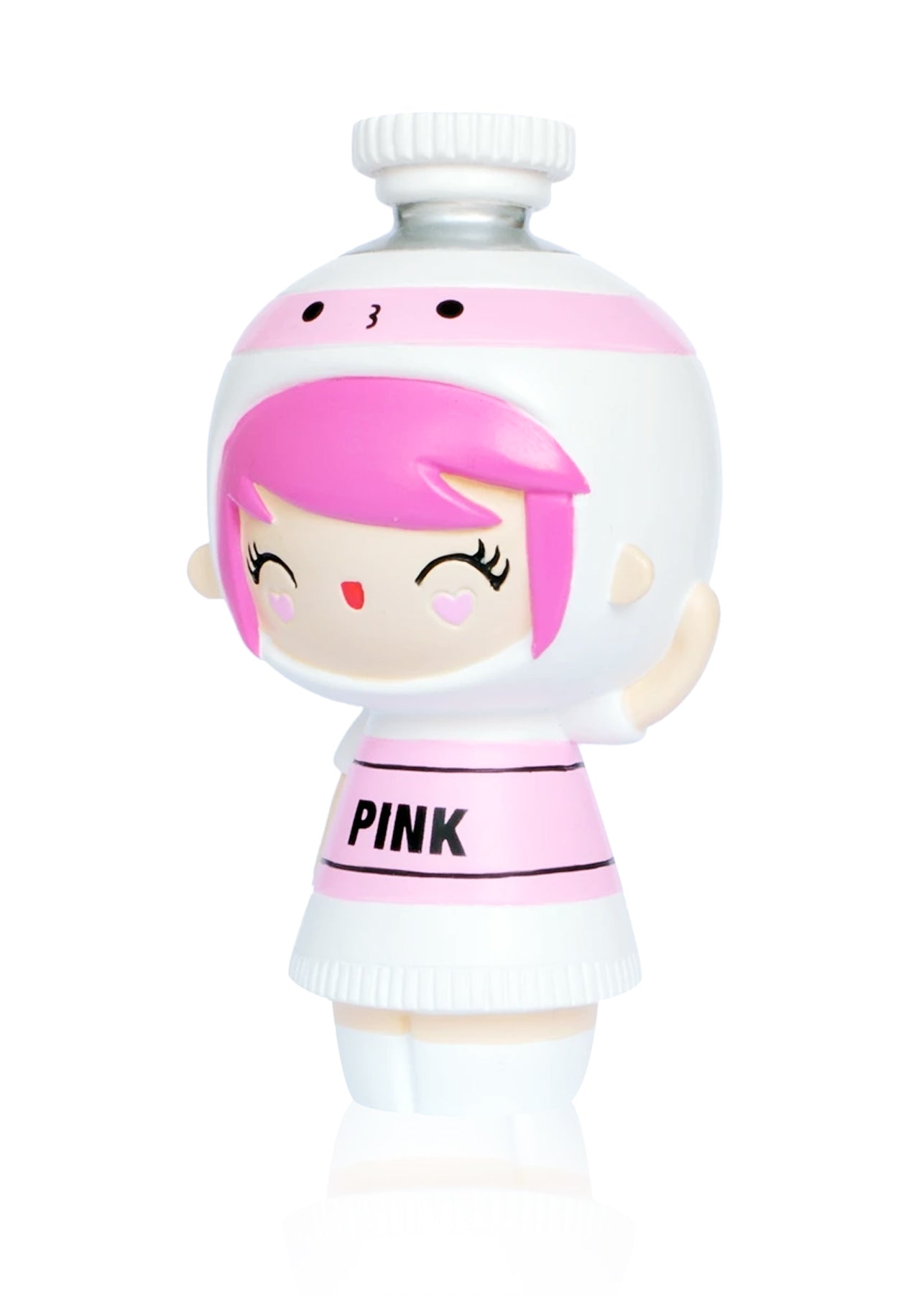 Momiji doll with pink hair, white helmet, striped outfit, and heart-shaped eyes. Playful design with kawaii character details. — Momiji Doll