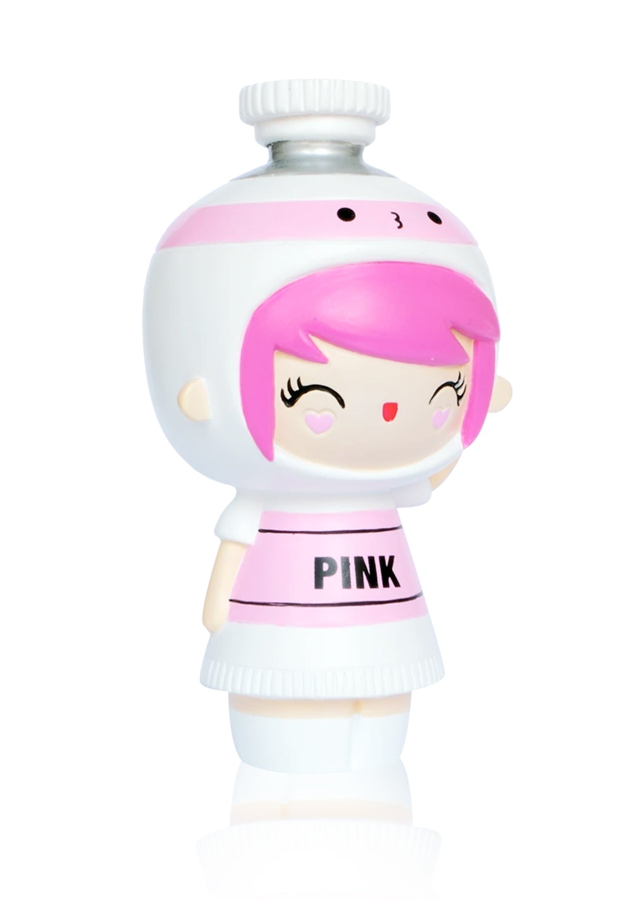 Momiji doll with pink hair, closed eyes smile, white helmet, and white dress. Inspired by Create Pink character design. — Momiji Doll