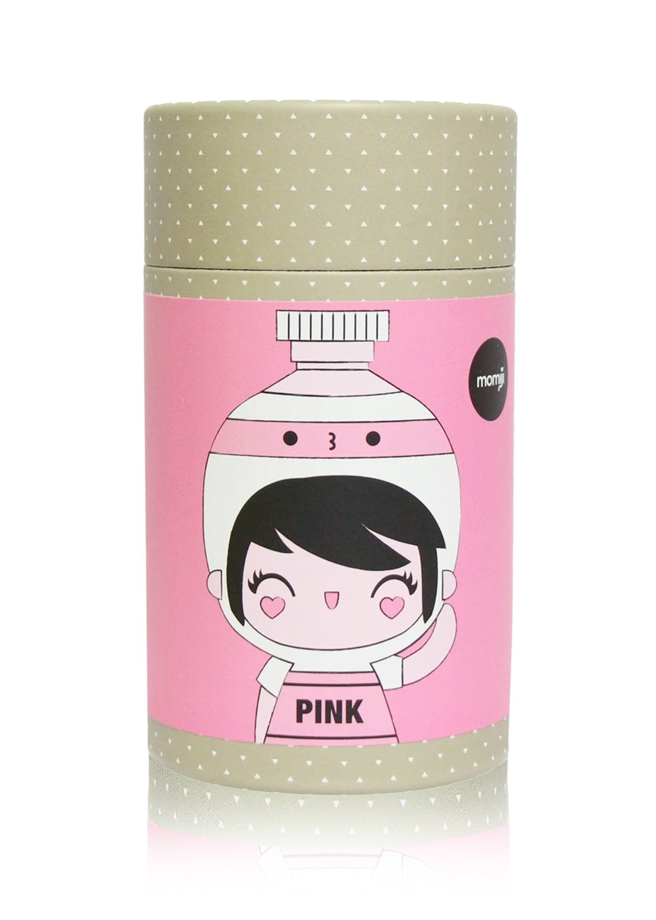 Create Pink Momiji doll: wears a pink paint tube costume, cartoon face, cylinder shape on a solid pink background. — Momiji Doll