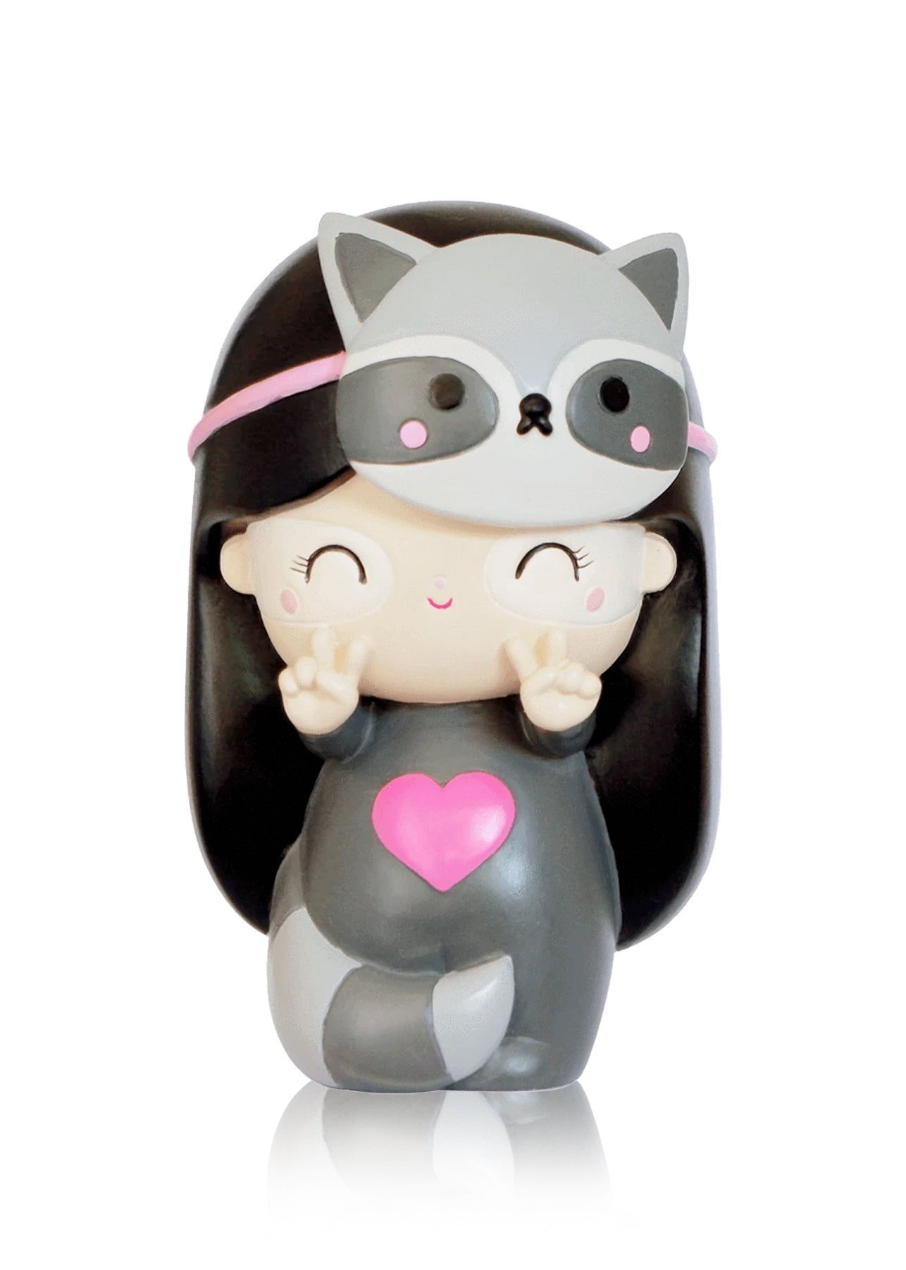 Rebel Momiji doll with long black hair, wearing a raccoon suit with a pink heart, flashing a double peace sign. — Momiji Doll
