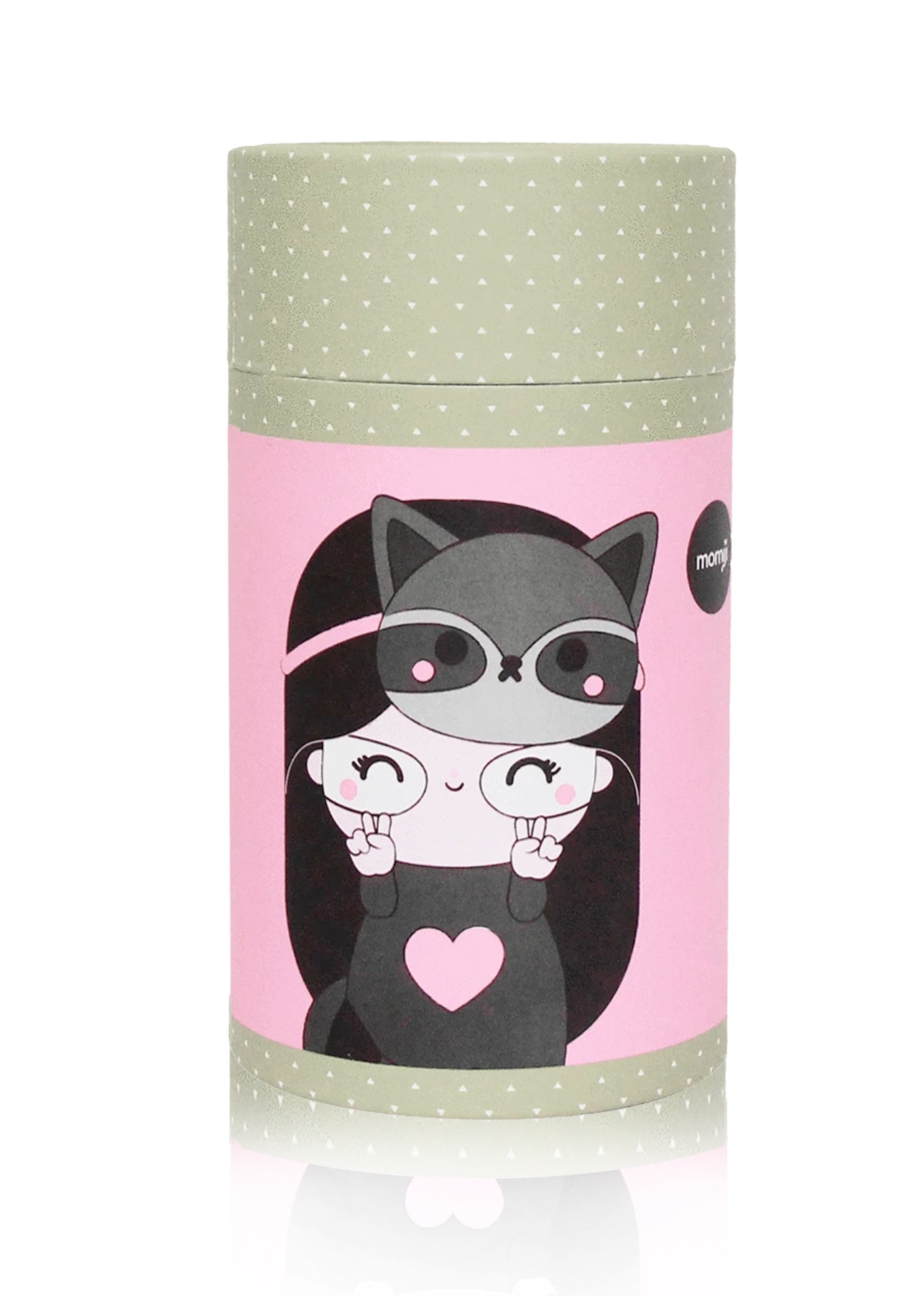 A cylindrical container labeled "Rebel" holds a Momiji doll dressed in a cat costume, designed in kawaii collectible style. — Momiji Doll