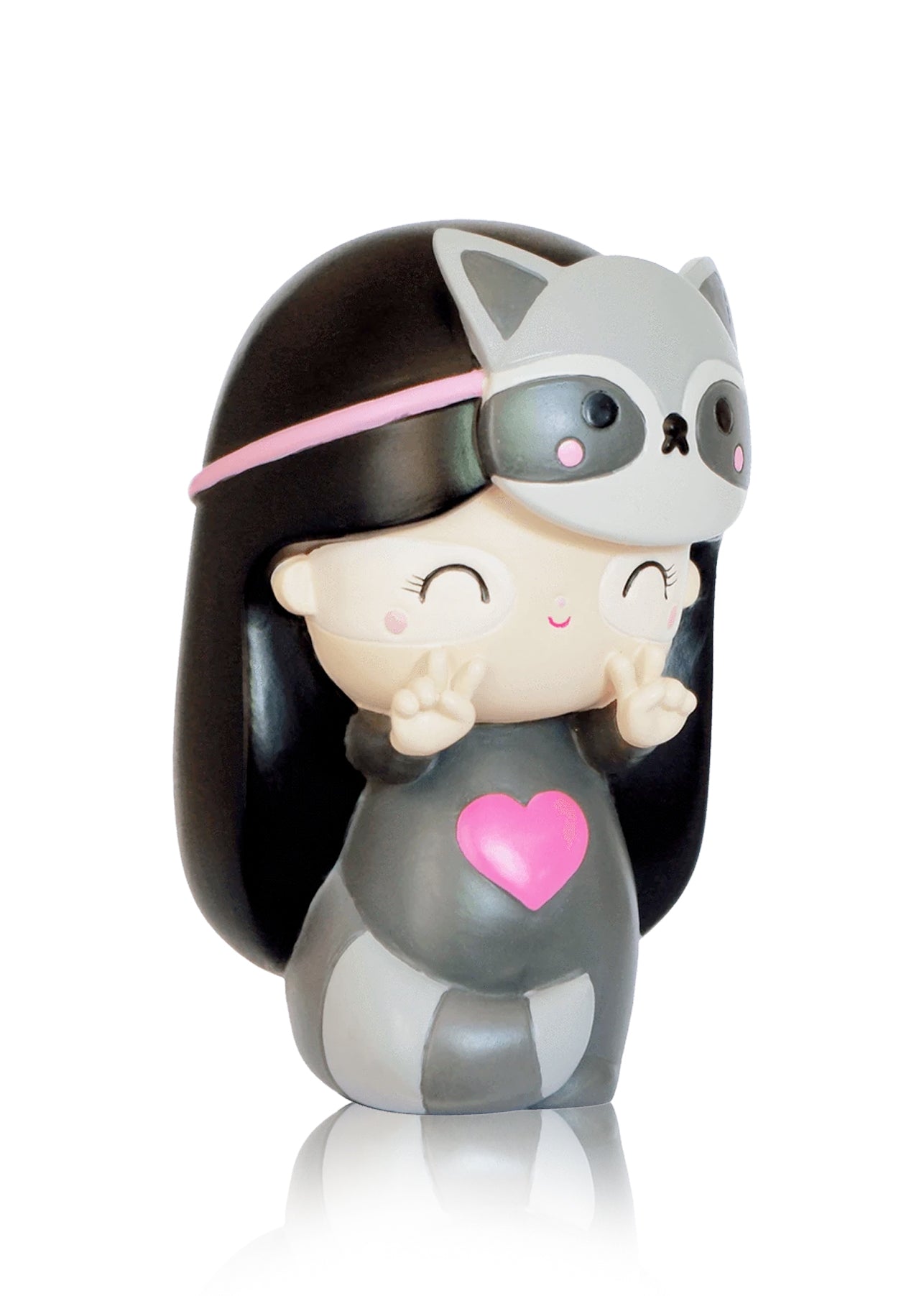 Rebel Momiji doll featuring a girl in a raccoon costume, holding a pink heart. Includes secret message compartment inside. — Momiji Doll