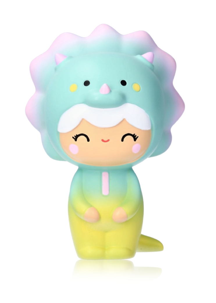 Roarsome Momiji doll, 3" tall, in a pastel dinosaur suit with cute smile; vinyl collectible with secret message inside. — Momiji Doll