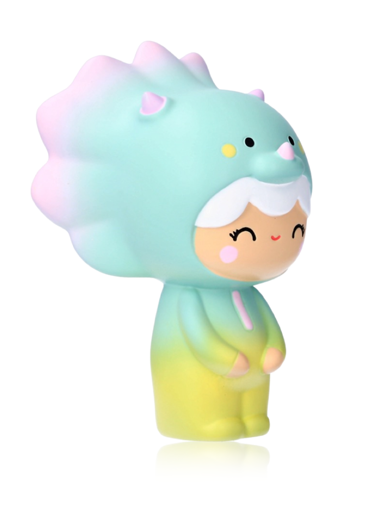 Roarsome Momiji doll with white hair, wearing a pastel dinosaur costume. Vinyl collectible with hidden message inside. — Momiji Doll