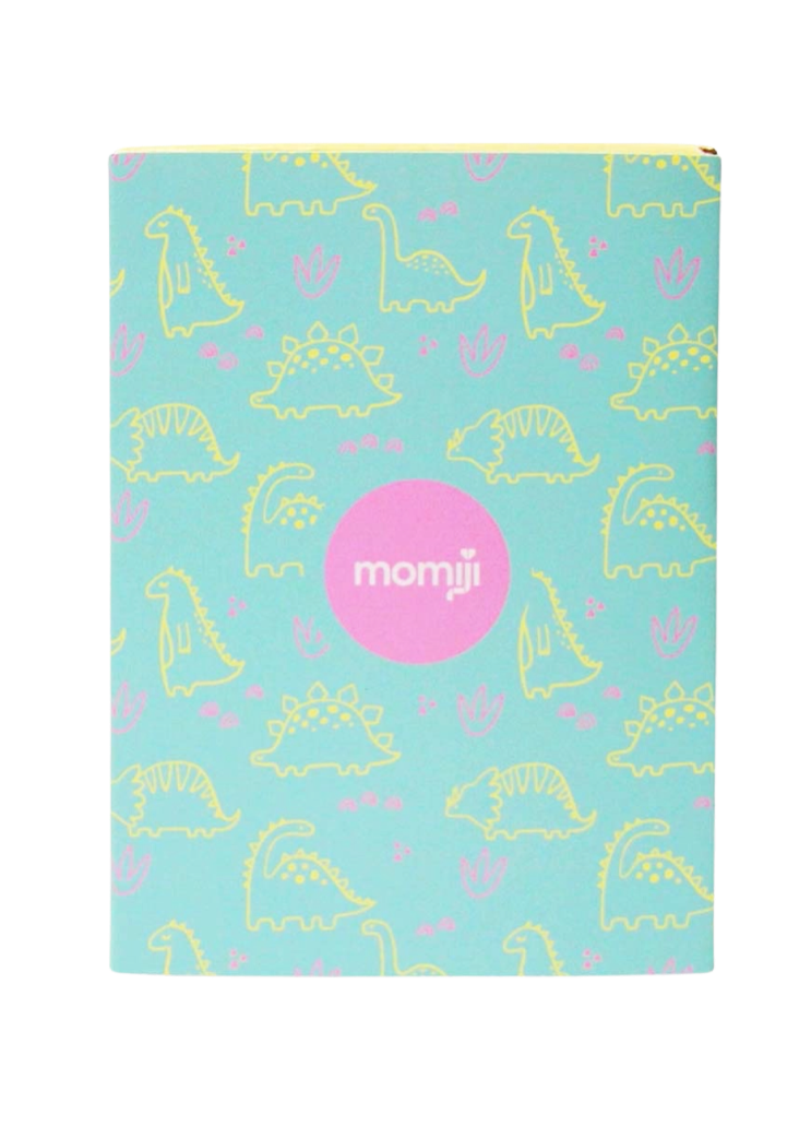 Momiji doll Roarsome notebook, light blue with yellow dinosaur, pink plant doodles, "momiji" in a pink circle. — Momiji Doll