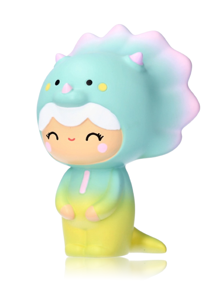 Roarsome Momiji doll, 3" tall, in pastel green and yellow dino costume, smiling with closed eyes on a white background. — Momiji Doll