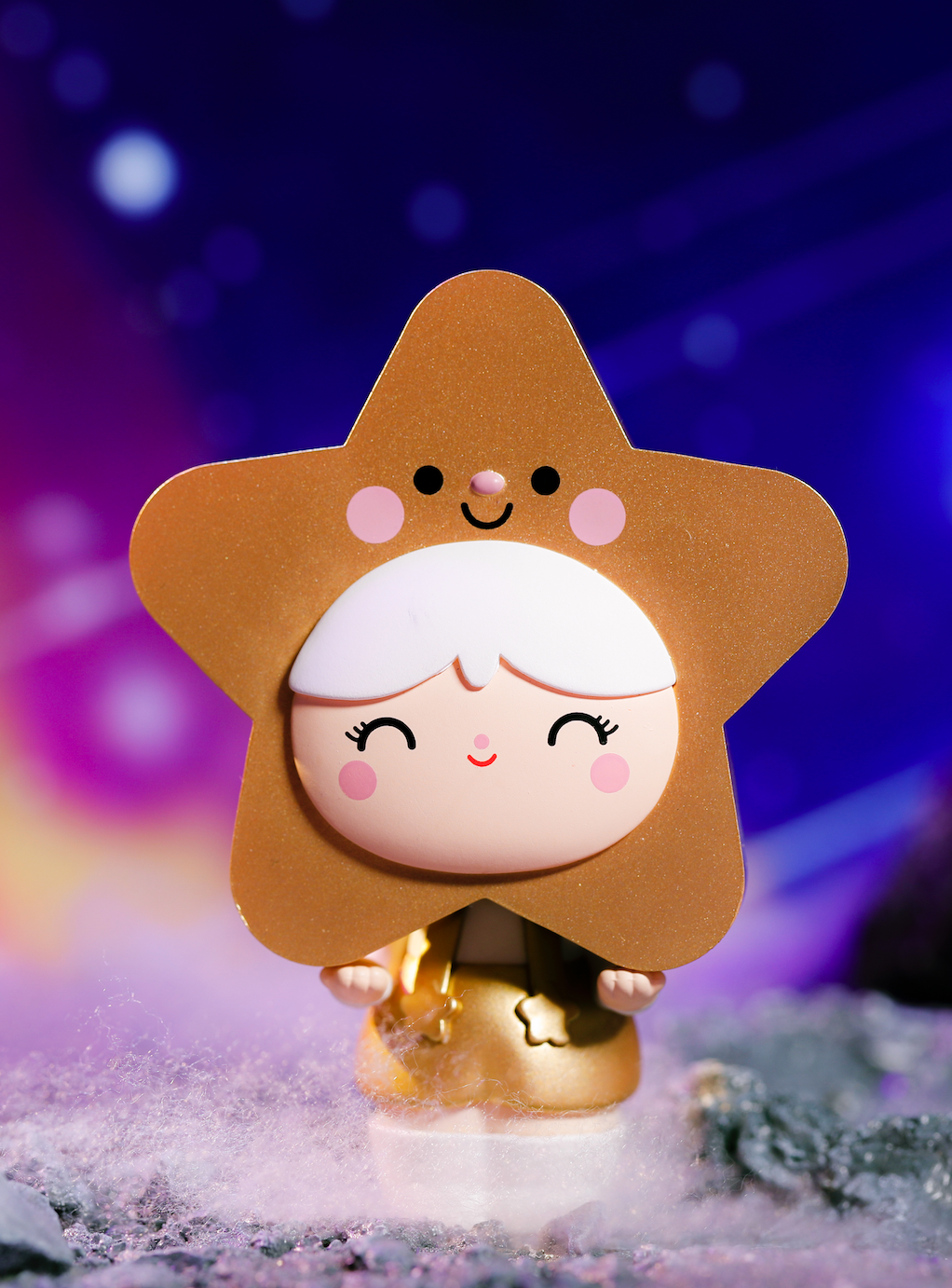 Starlet Momiji doll smiles cheerfully, set against a vibrant purple cosmic background with bright accents. — Momiji Doll