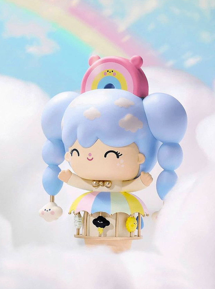 Sky Dreamer Momiji doll with pastel blue hair, cloud details, and umbrella dress floats in a Pop Mart weather carousel. — Momiji Doll