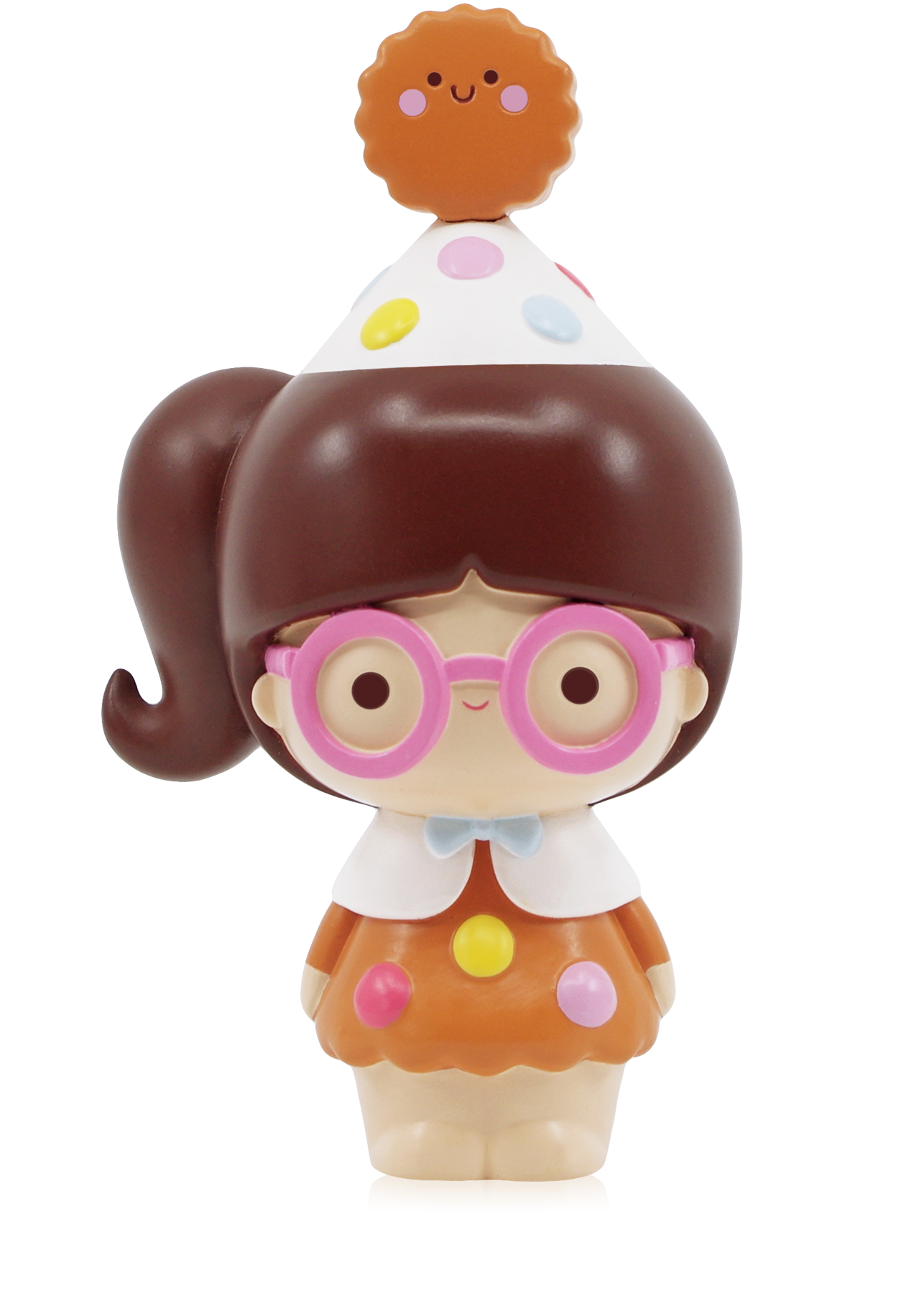 Limited Edition Smart Cookie Momiji doll with pink glasses, brown ponytail, dotted party hat, and smiling cookie topper. — Momiji Doll