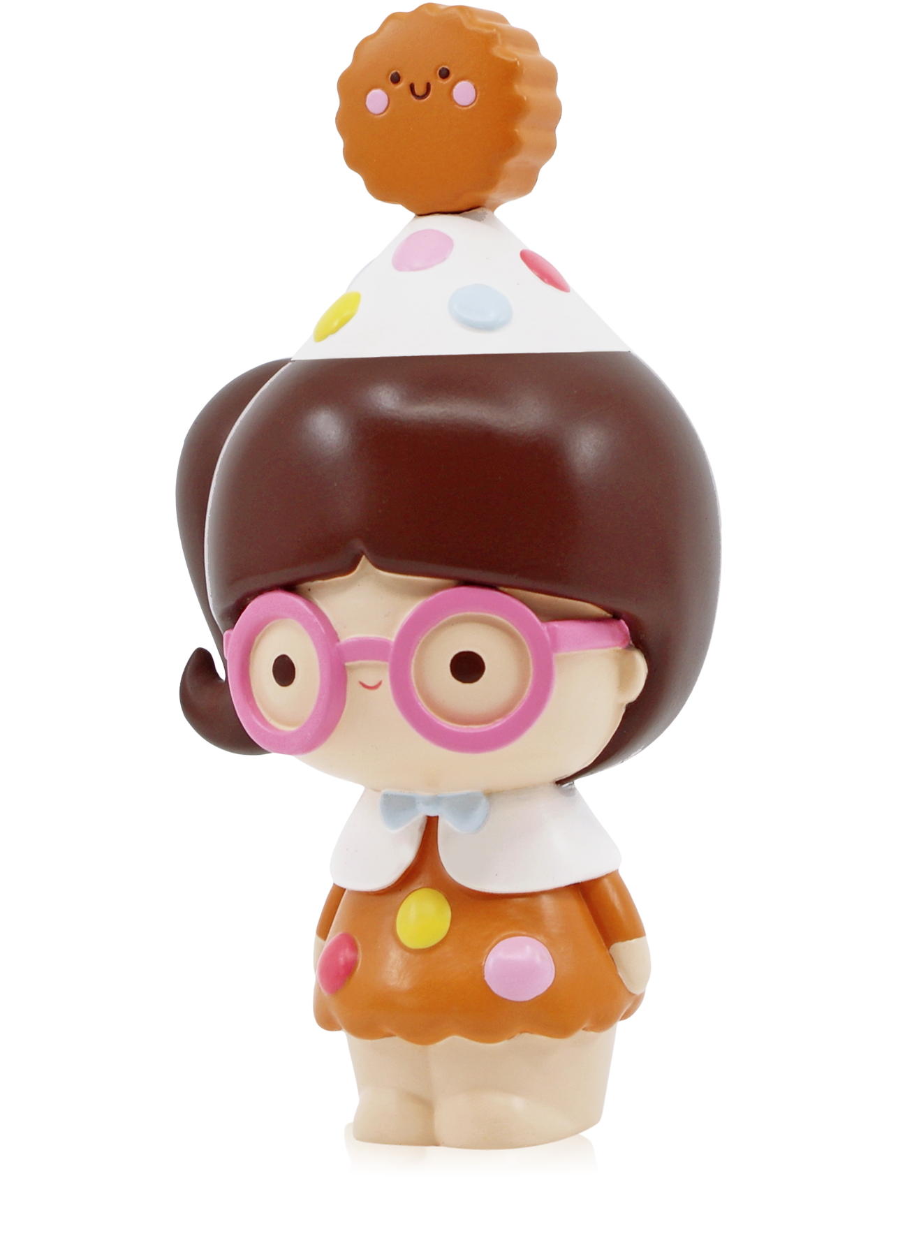 Smart Cookie Momiji doll with pink glasses, a cookie-topped party hat, and a colorful polka dot outfit. — Momiji Doll