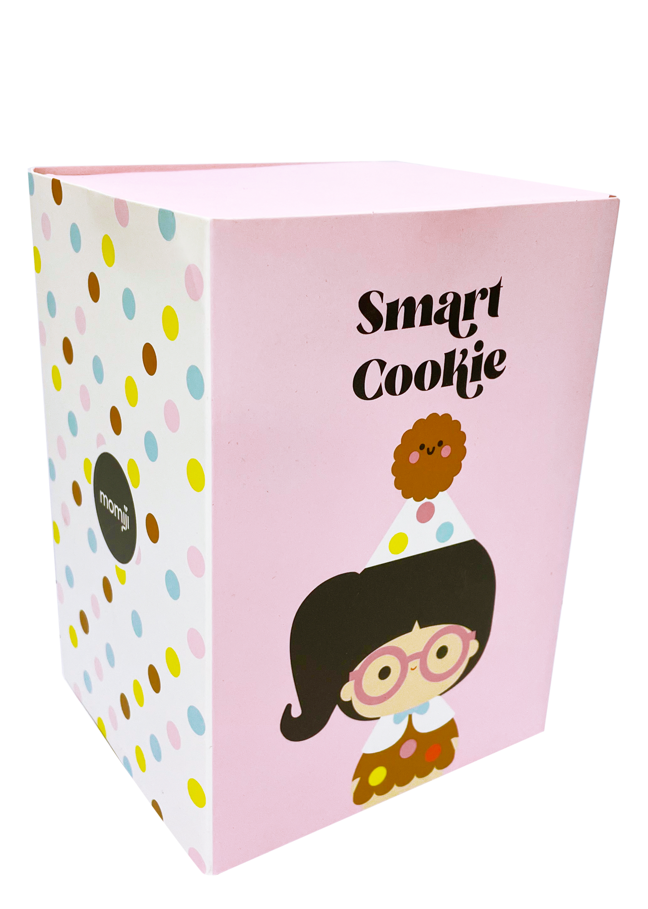 A pink Smart Cookie box featuring a kawaii Momiji doll with dark hair and glasses, designed by artists, perfect for gifting. — Momiji Doll