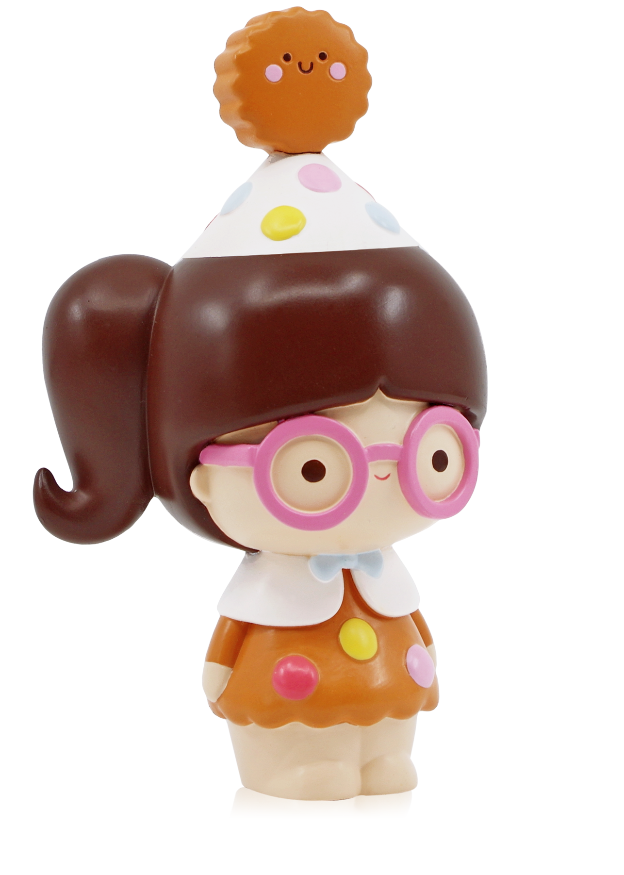 Smart Cookie Momiji doll with brown hair, pink glasses, polka dot dress, and a party hat topped with a cookie. — Momiji Doll