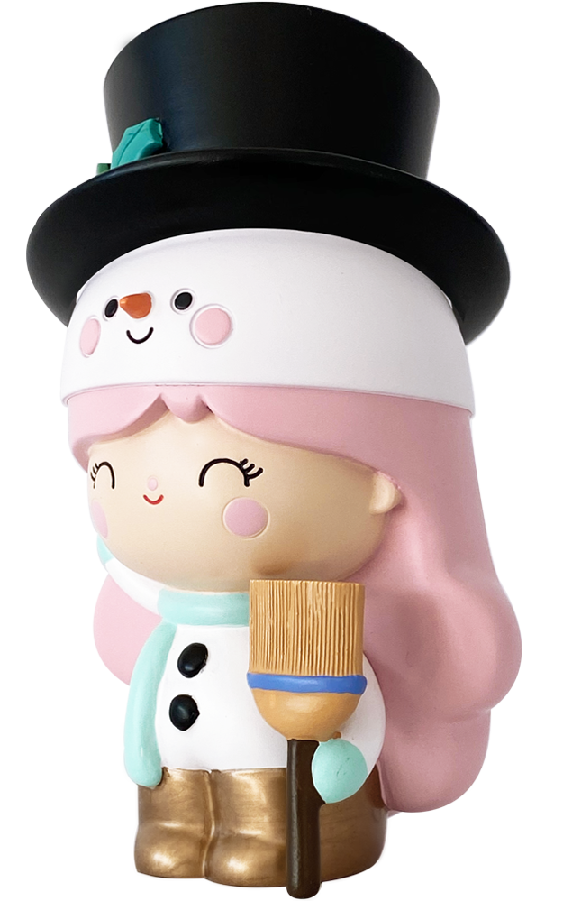 Snowphie Momiji doll with pink hair, snowman costume, black top hat, blue scarf, and holding a broom. — Momiji Doll