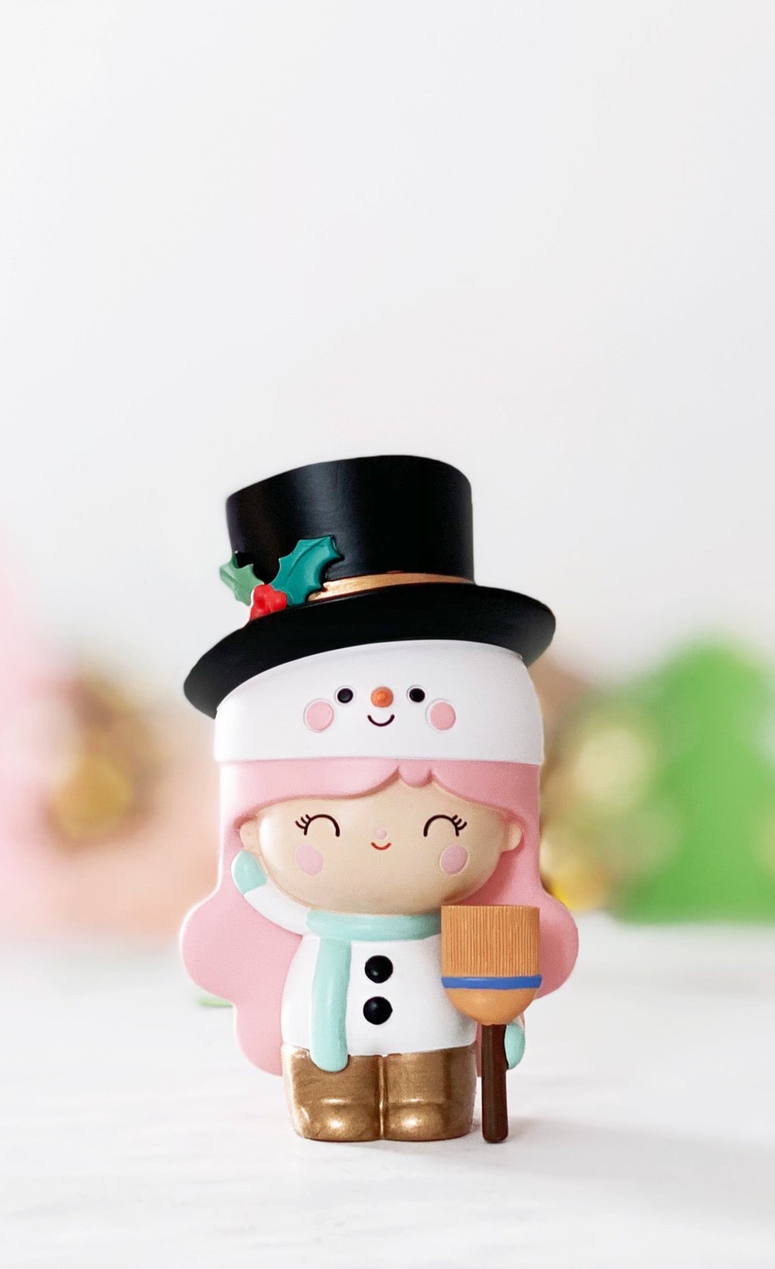 Snowphie Momiji doll with pink hair, snowman outfit, top hat, red scarf; festive collectible designed by independent artists. — Momiji Doll