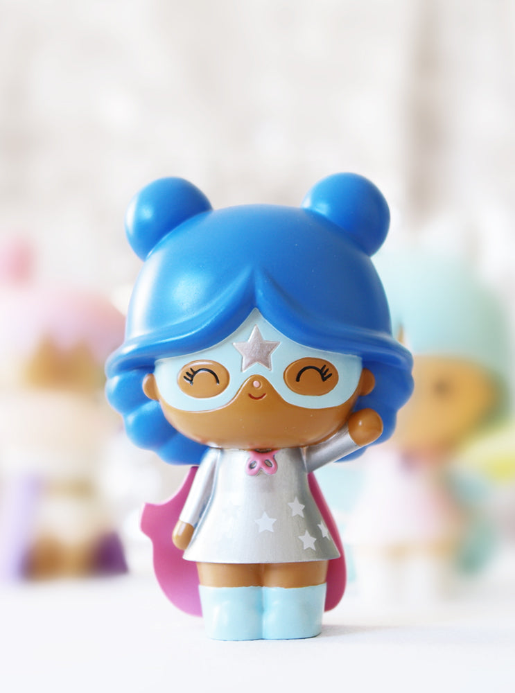 Super You Momiji doll with blue hair, silver superhero suit, star mask, smiling and waving. Secret message hidden inside. — Momiji Doll