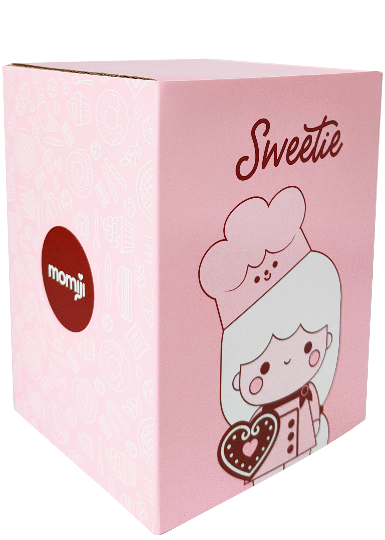Sweetie Message Doll 3 Momiji doll in chef hat holding heart cookie, pink box with Momiji logo. Kawaii collectible character. — Momiji Doll