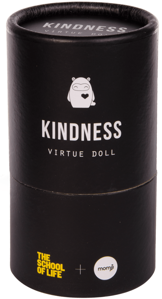Kindness Momiji doll in a black cylinder, featuring Calm and Kindness logos by The School of Life & Momiji. — Momiji Doll