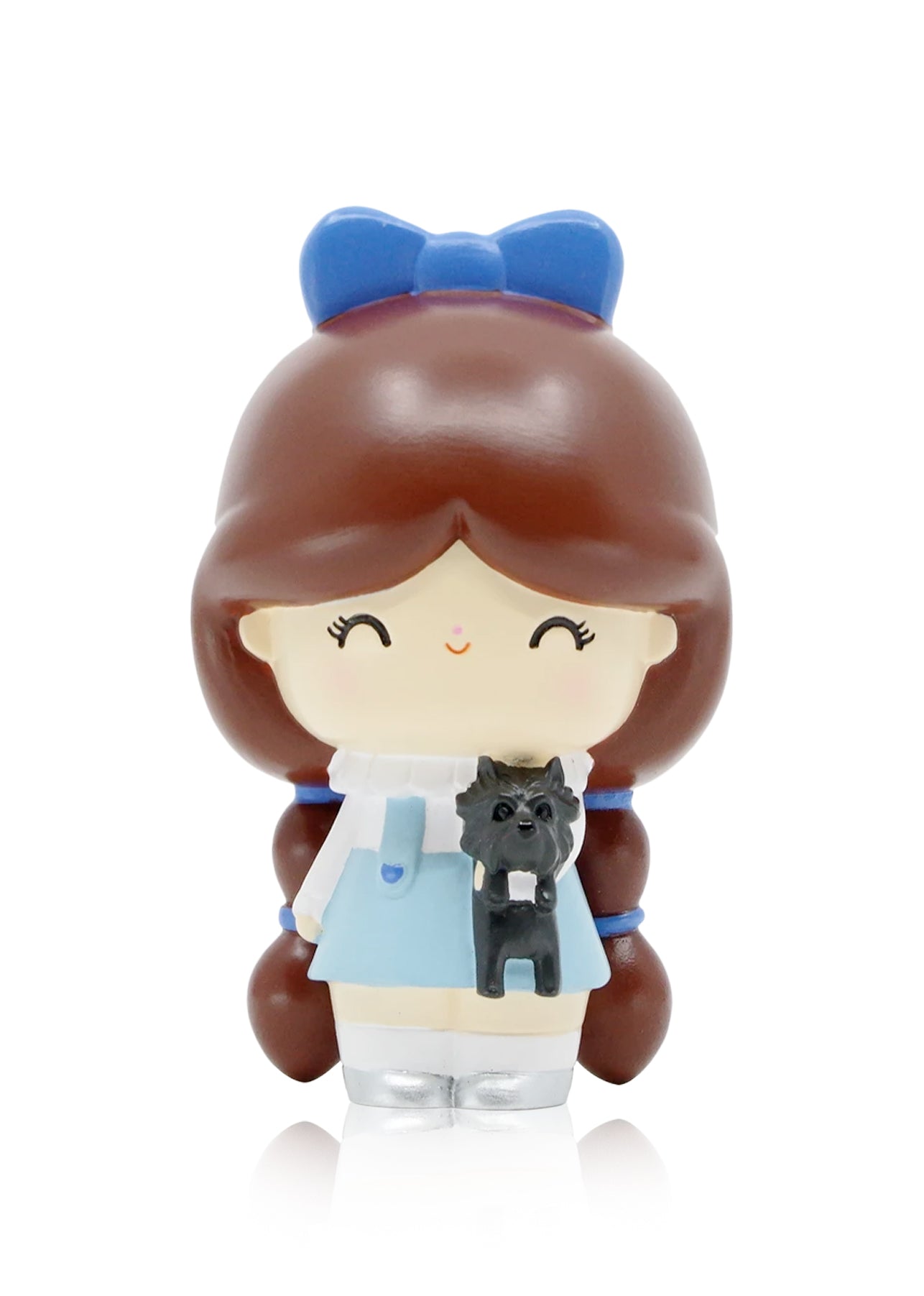 The Wonderful Wizard of Oz Momiji doll with brown hair, blue bow, blue dress, smiling and holding a black cat. — Momiji Doll
