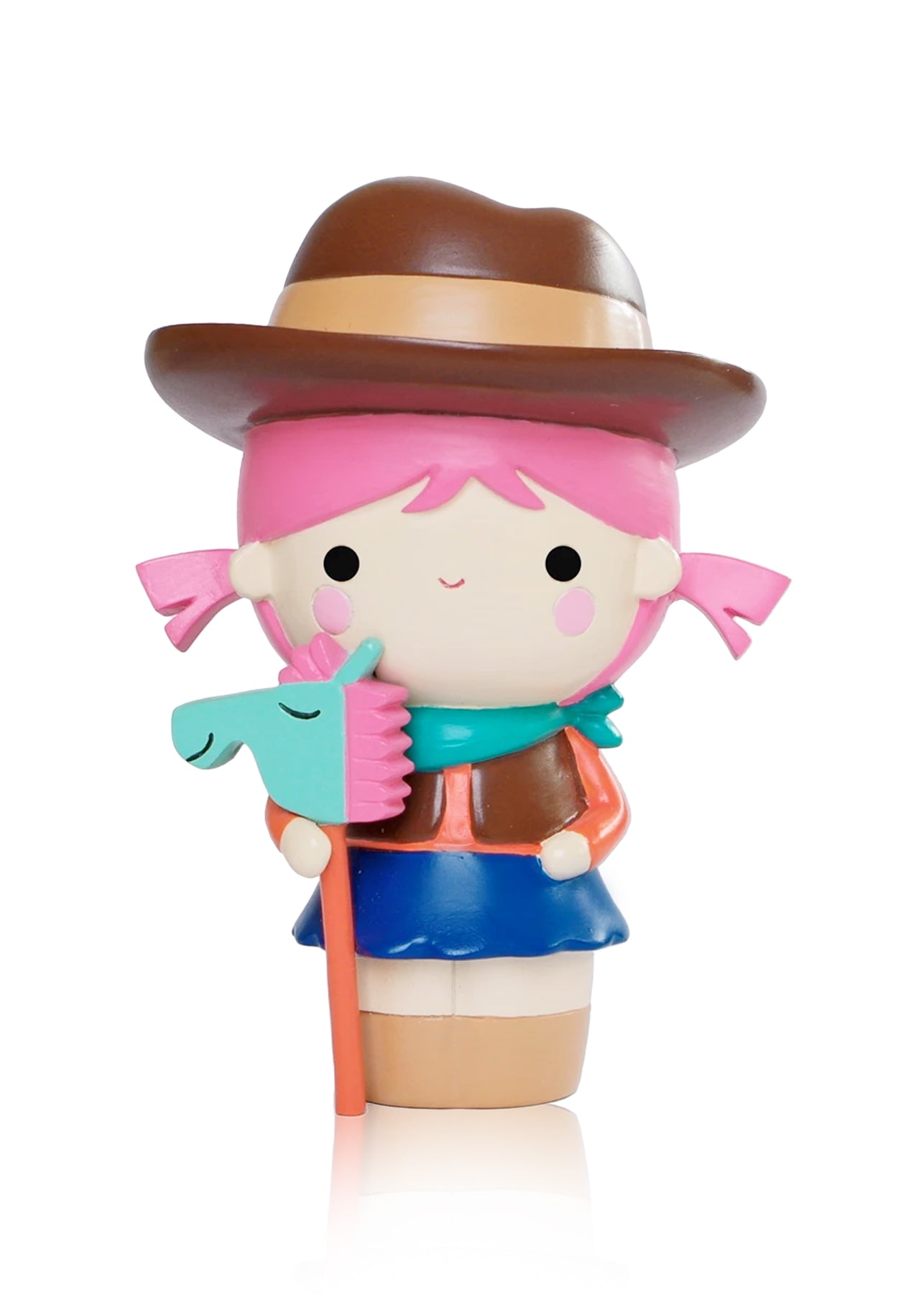 Yeehaa Momiji doll with pink hair, cowboy hat, scarf, vest and stick horse. A cute collectible hiding a secret message inside. — Momiji Doll
