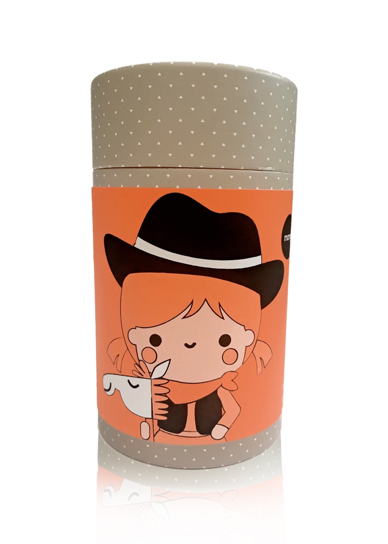 Yeehaa Momiji doll box featuring a kawaii character in cowboy hat on toy horse, with bright orange background. — Momiji Doll