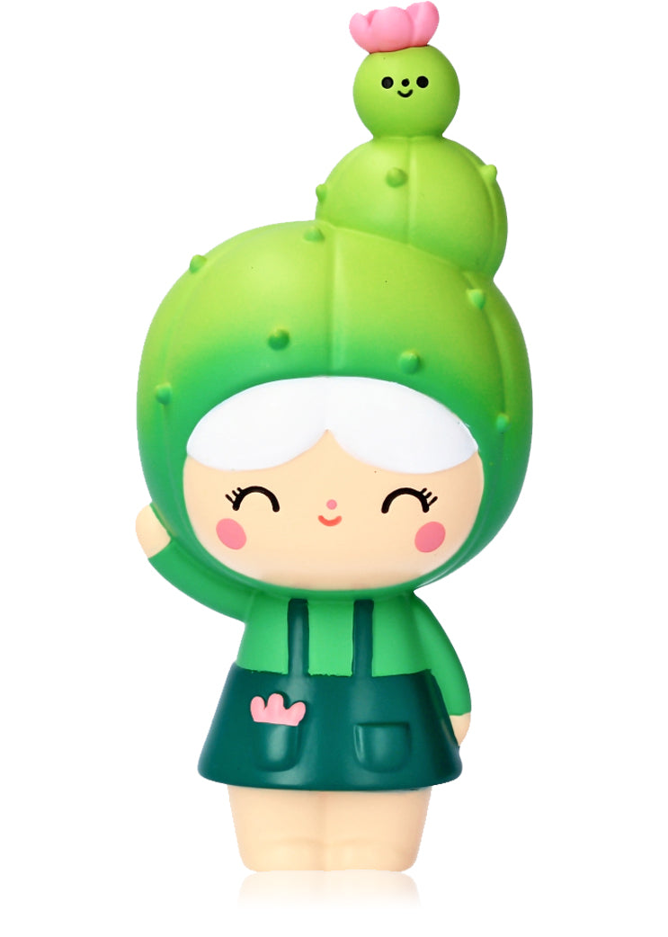 You Grow Girl Momiji doll wears a green cactus hat, white hair, green hoodie, and waves hello. Limited edition collectible. — Momiji Doll