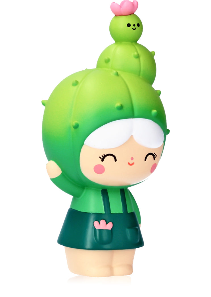 You Grow Girl" Momiji doll with cactus hood, white hair, green dress, and a cute smile, waving. Collectible kawaii character. — Momiji Doll