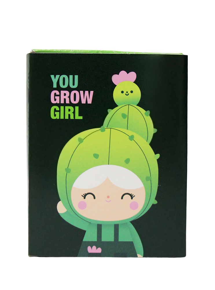 Momiji doll in a green cactus costume, smiling, with "You Grow Girl" above. Limited edition collectible designer Momiji doll. — Momiji Doll